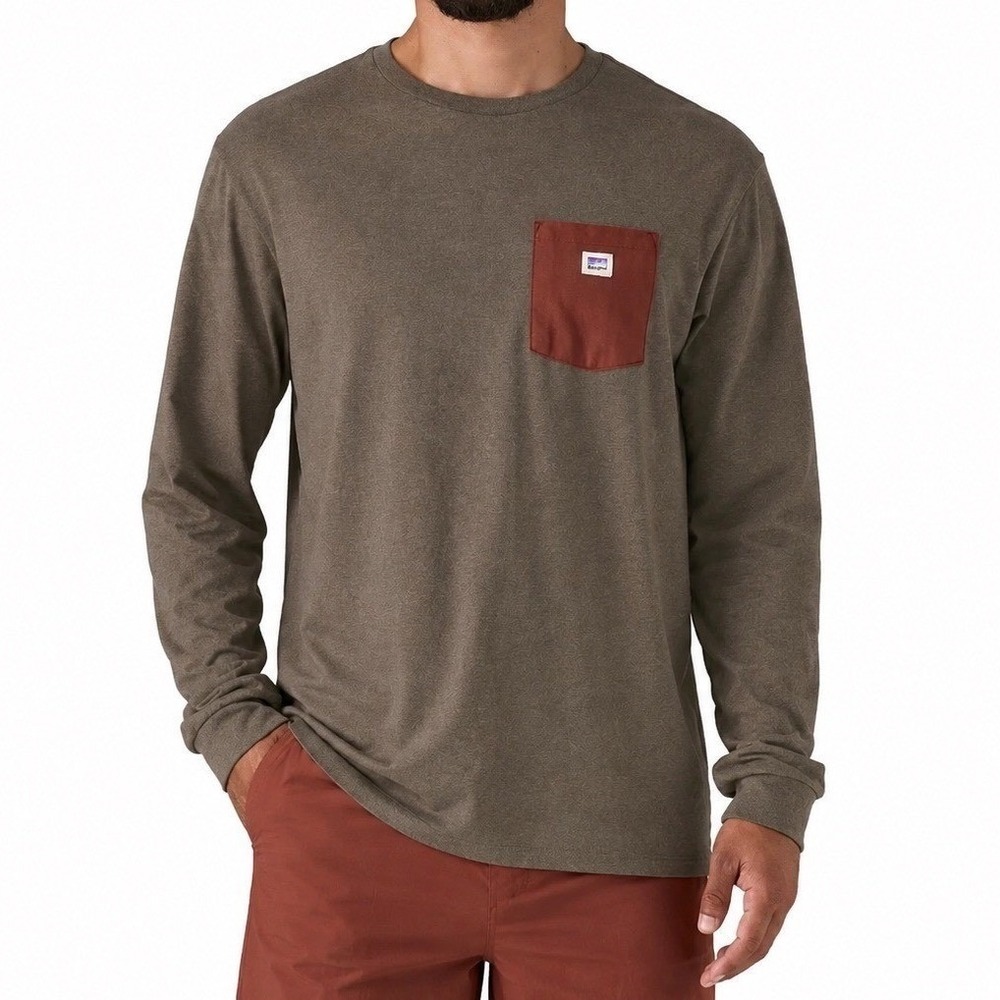 Patagonia Men's Shop Sticker Long Sleeve T-Shirt Marlow Brown Size XXL NWT